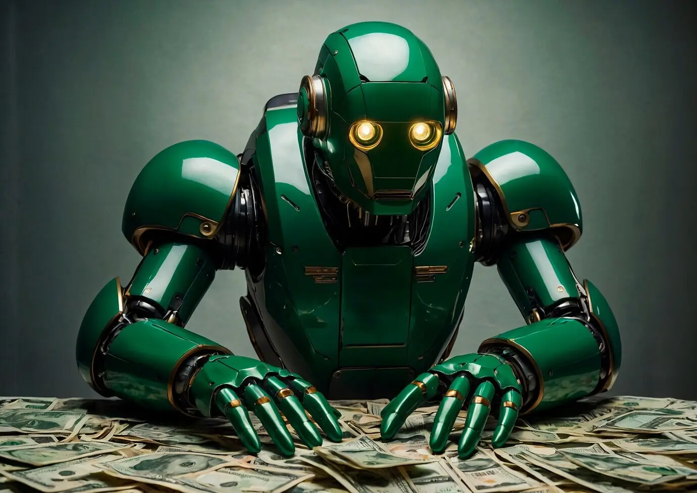 Fortschrittlicher technologischer Roboter, der mit Geld und Finanzen interagiert.